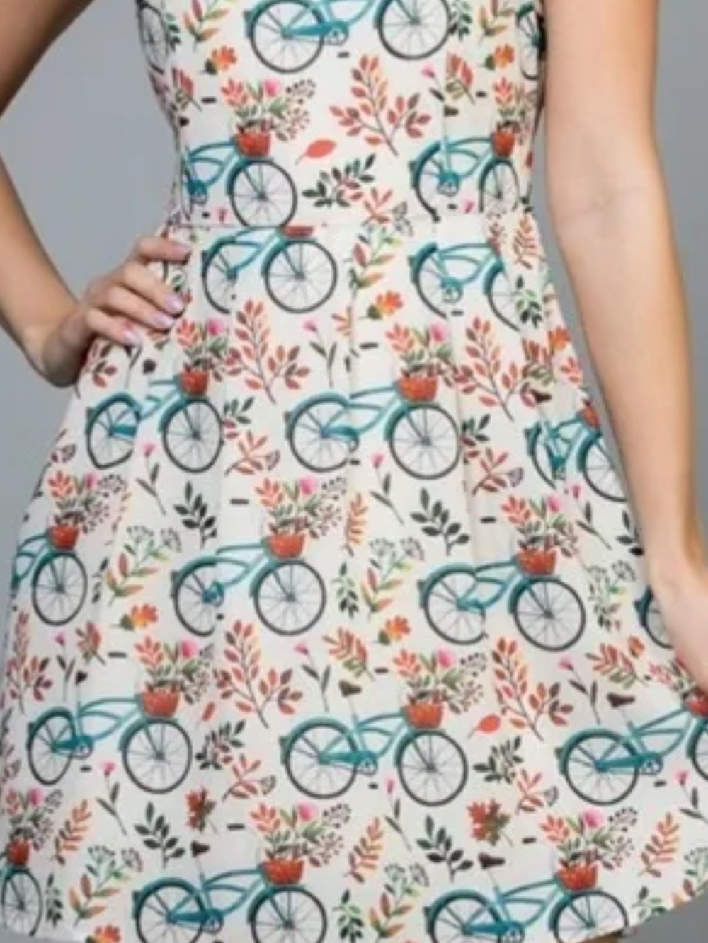 La Soul Cream Dress with Teal Bicycle Print A Line Lightweight Summer Ribbon Tie